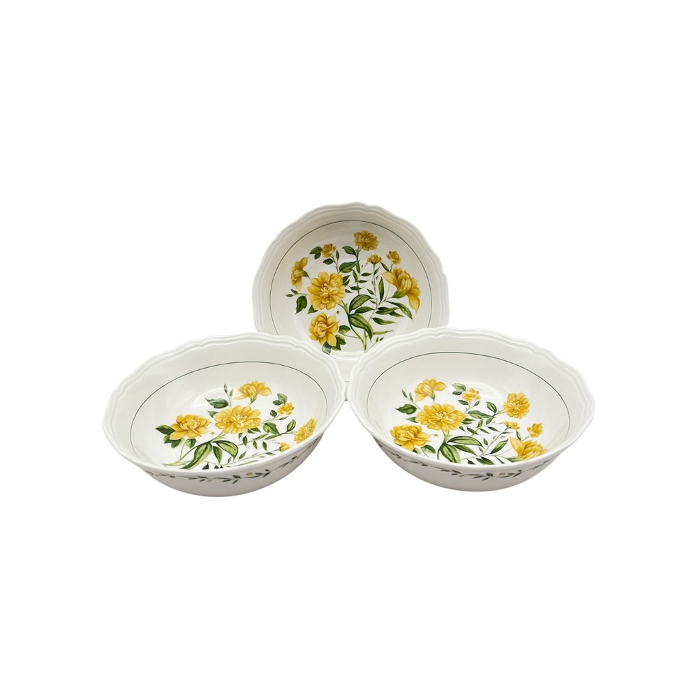 Set of 3 Yellow Floral Cottagecore Porcelain Bowls Farmhouse Antique Rose 6.5"